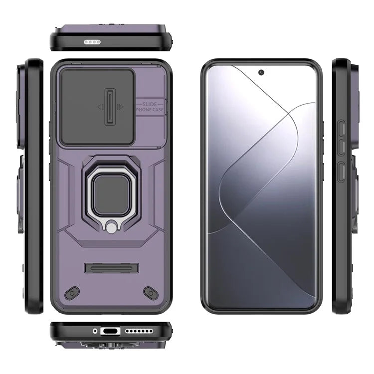 For Xiaomi 14 Pro Case PC+TPU Shockproof Kickstand Phone Protector with Slide Lens Shield