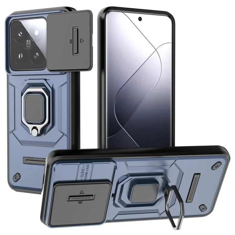 For Xiaomi 14 Pro Case PC+TPU Shockproof Kickstand Phone Protector with Slide Lens Shield
