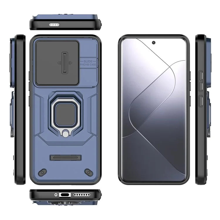 For Xiaomi 14 Pro Case PC+TPU Shockproof Kickstand Phone Protector with Slide Lens Shield