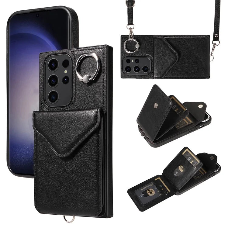 005 For Samsung Galaxy S23 Ultra Kickstand Cover Card Holder Leather Cell Phone Case