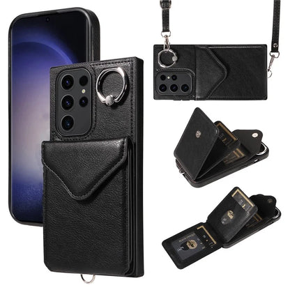 005 For Samsung Galaxy S23 Ultra Kickstand Cover Card Holder Leather Cell Phone Case