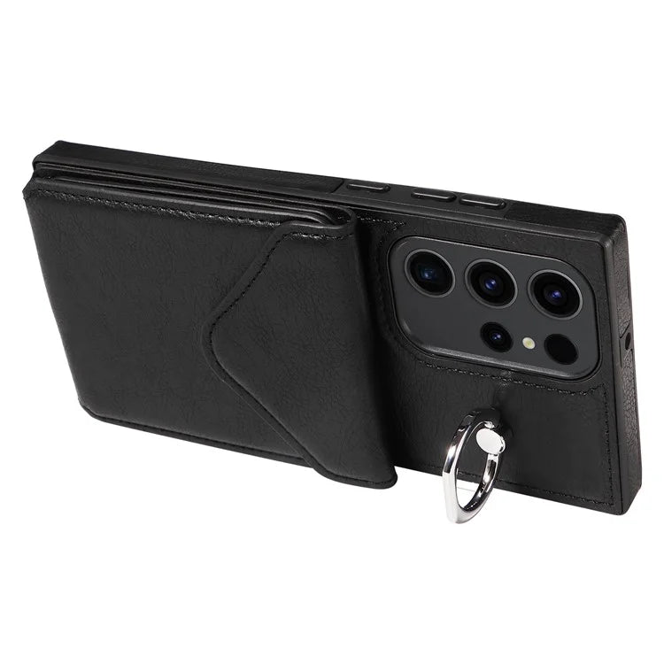 005 For Samsung Galaxy S23 Ultra Kickstand Cover Card Holder Leather Cell Phone Case