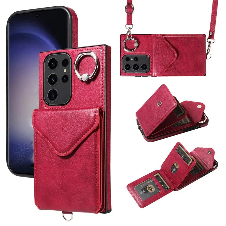 005 For Samsung Galaxy S23 Ultra Kickstand Cover Card Holder Leather Cell Phone Case