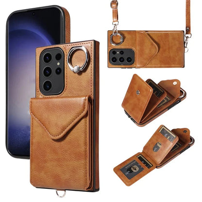 005 For Samsung Galaxy S23 Ultra Kickstand Cover Card Holder Leather Cell Phone Case