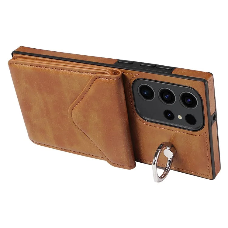 005 For Samsung Galaxy S23 Ultra Kickstand Cover Card Holder Leather Cell Phone Case