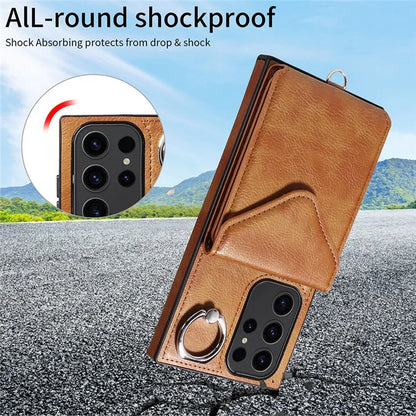 005 For Samsung Galaxy S23 Ultra Kickstand Cover Card Holder Leather Cell Phone Case