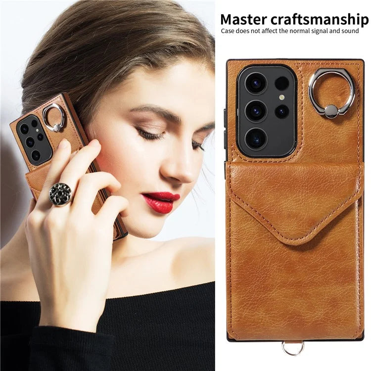 005 For Samsung Galaxy S23 Ultra Kickstand Cover Card Holder Leather Cell Phone Case