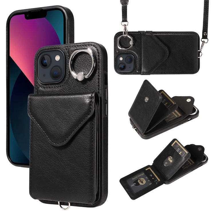 005 For iPhone 13 Crossbody Phone Case PU Leather Ring Grip Shockproof Cover