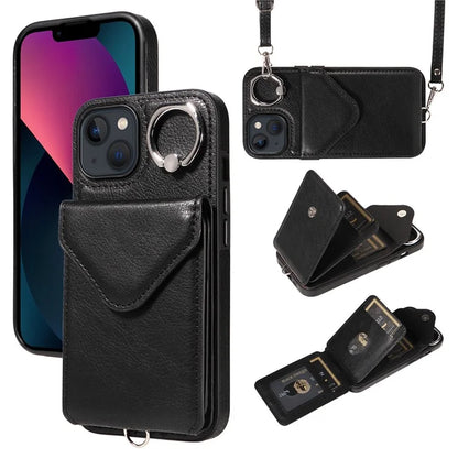 005 For iPhone 13 Crossbody Phone Case PU Leather Ring Grip Shockproof Cover