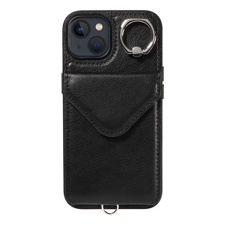005 For iPhone 13 Crossbody Phone Case PU Leather Ring Grip Shockproof Cover