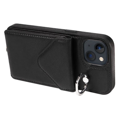 005 For iPhone 13 Crossbody Phone Case PU Leather Ring Grip Shockproof Cover