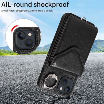 005 For iPhone 13 Crossbody Phone Case PU Leather Ring Grip Shockproof Cover