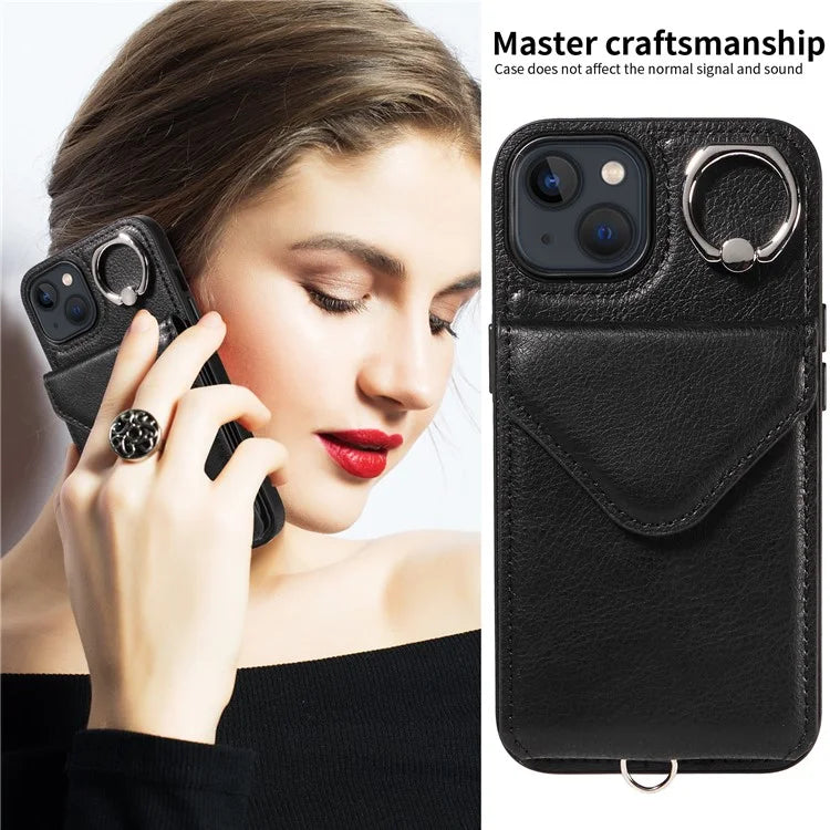 005 For iPhone 13 Crossbody Phone Case PU Leather Ring Grip Shockproof Cover
