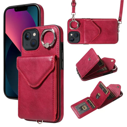005 For iPhone 13 Crossbody Phone Case PU Leather Ring Grip Shockproof Cover