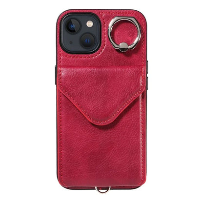 005 For iPhone 13 Crossbody Phone Case PU Leather Ring Grip Shockproof Cover