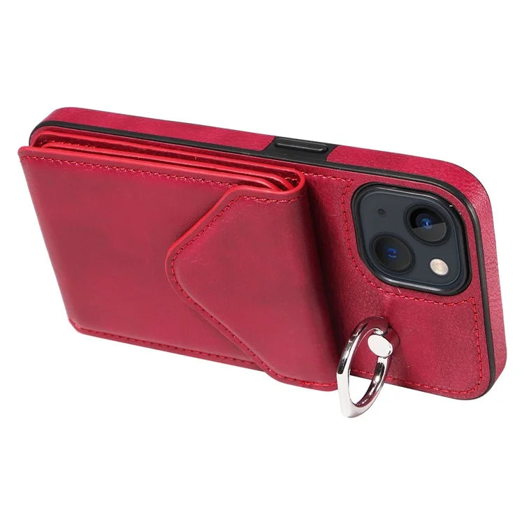 005 For iPhone 13 Crossbody Phone Case PU Leather Ring Grip Shockproof Cover