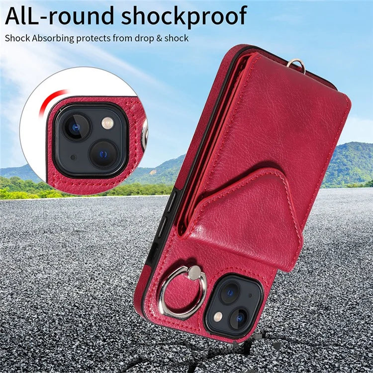 005 For iPhone 13 Crossbody Phone Case PU Leather Ring Grip Shockproof Cover