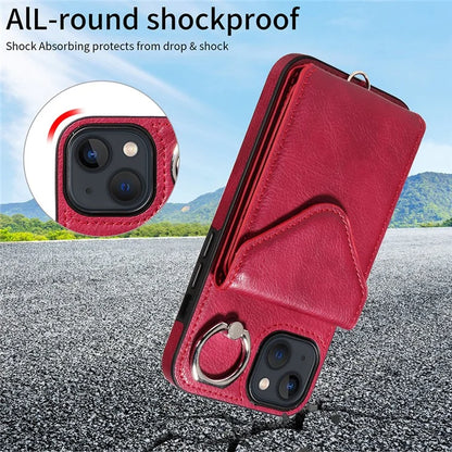 005 For iPhone 13 Crossbody Phone Case PU Leather Ring Grip Shockproof Cover