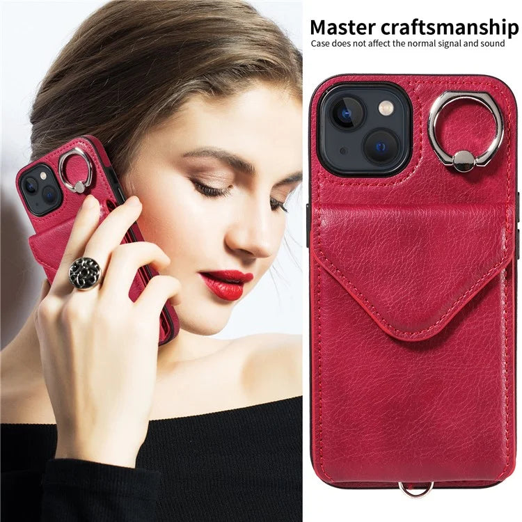 005 For iPhone 13 Crossbody Phone Case PU Leather Ring Grip Shockproof Cover