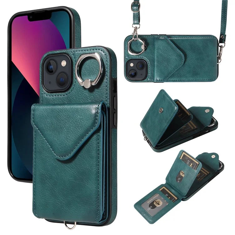 005 For iPhone 13 Crossbody Phone Case PU Leather Ring Grip Shockproof Cover