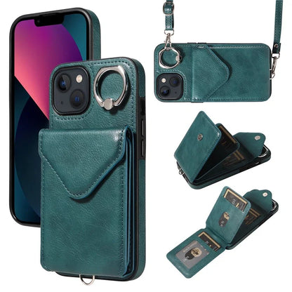 005 For iPhone 13 Crossbody Phone Case PU Leather Ring Grip Shockproof Cover