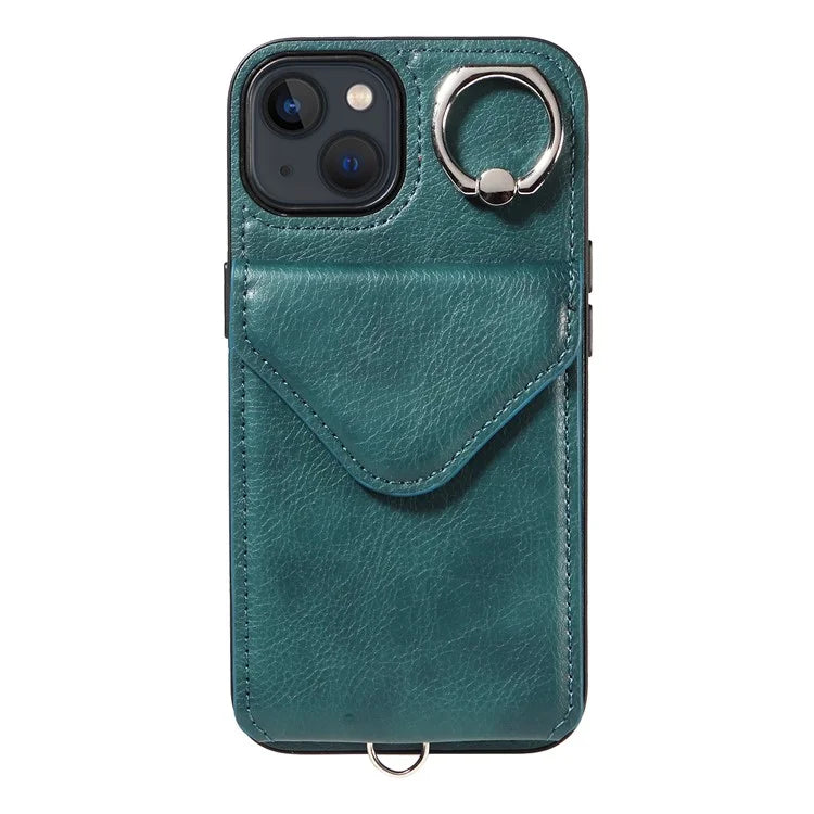 005 For iPhone 13 Crossbody Phone Case PU Leather Ring Grip Shockproof Cover