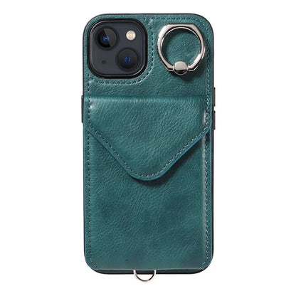 005 For iPhone 13 Crossbody Phone Case PU Leather Ring Grip Shockproof Cover