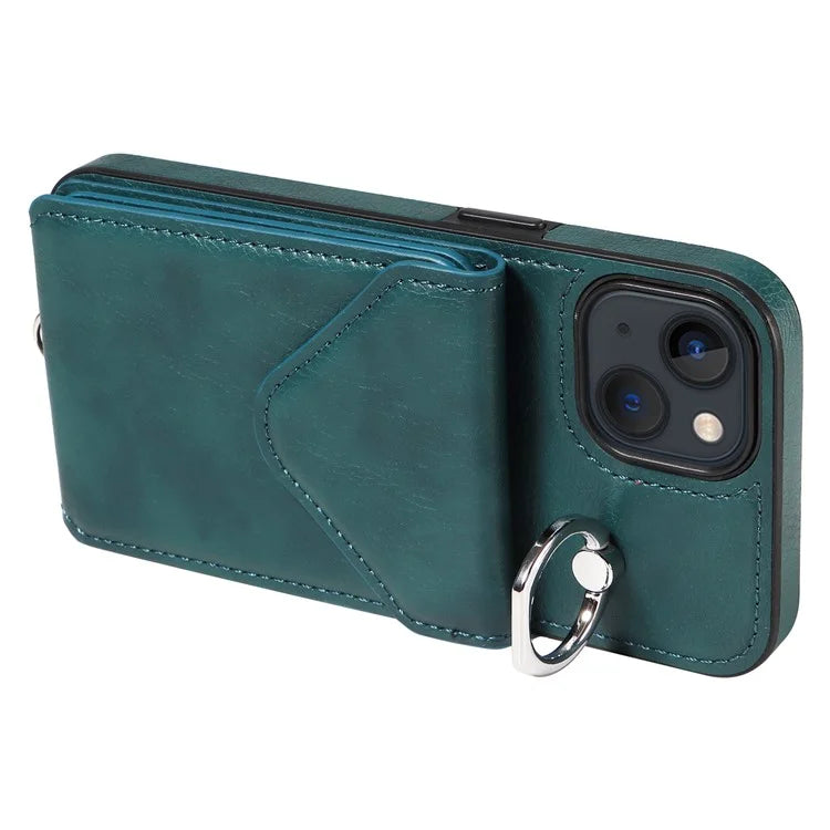 005 For iPhone 13 Crossbody Phone Case PU Leather Ring Grip Shockproof Cover