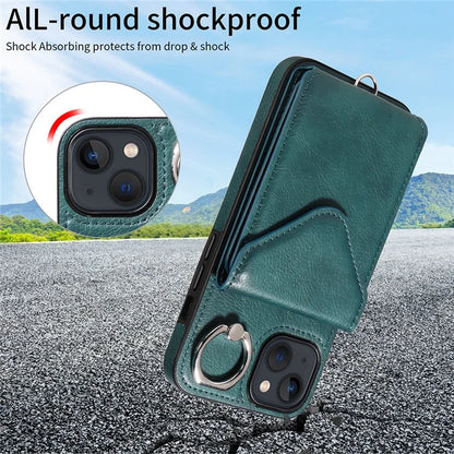 005 For iPhone 13 Crossbody Phone Case PU Leather Ring Grip Shockproof Cover