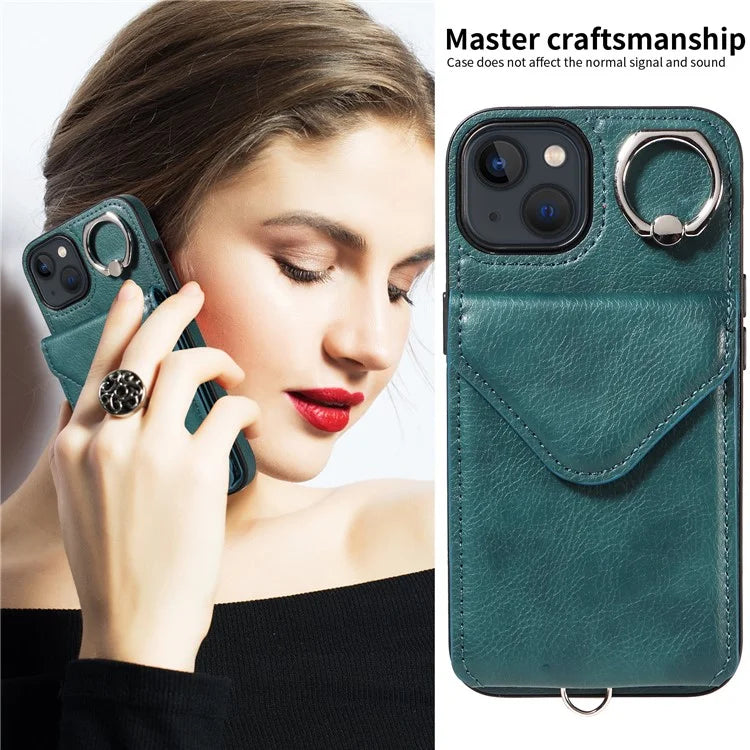 005 For iPhone 13 Crossbody Phone Case PU Leather Ring Grip Shockproof Cover