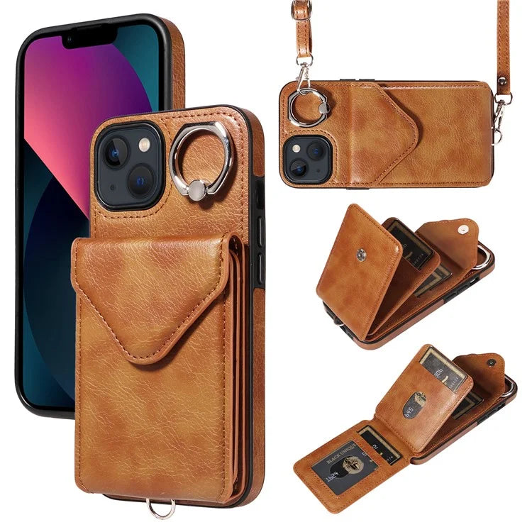 005 For iPhone 13 Crossbody Phone Case PU Leather Ring Grip Shockproof Cover