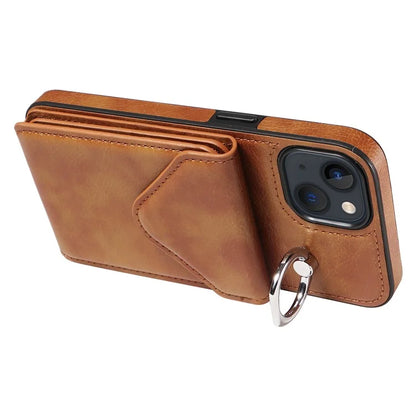 005 For iPhone 13 Crossbody Phone Case PU Leather Ring Grip Shockproof Cover