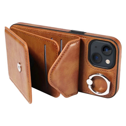 005 For iPhone 13 Crossbody Phone Case PU Leather Ring Grip Shockproof Cover