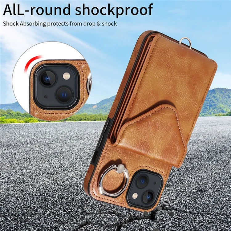 005 For iPhone 13 Crossbody Phone Case PU Leather Ring Grip Shockproof Cover