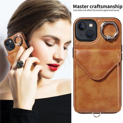 005 For iPhone 13 Crossbody Phone Case PU Leather Ring Grip Shockproof Cover