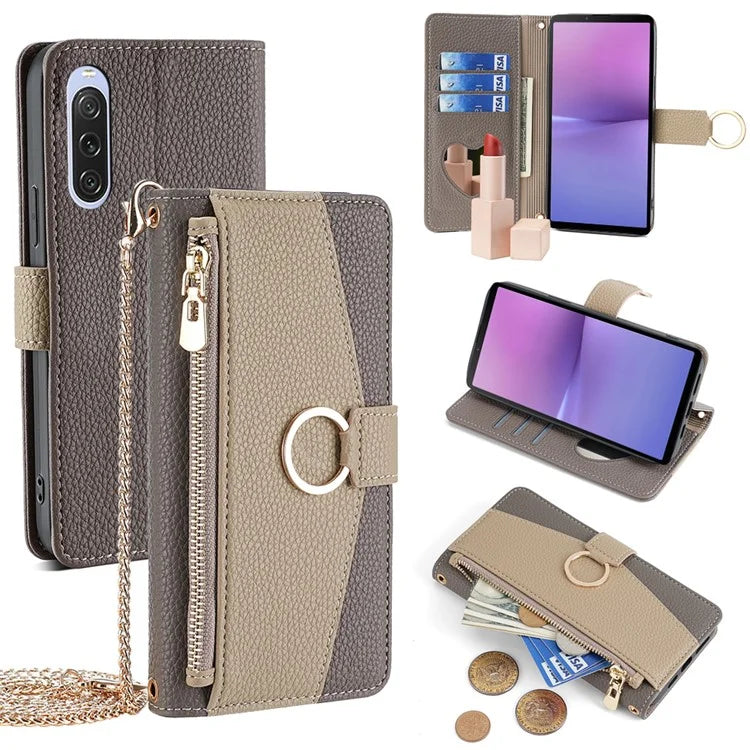 For Sony Xperia 10 V Case Zipper Pocket Leather Cover with Makeup Mirror