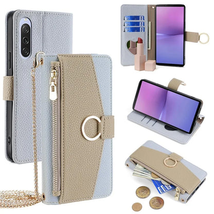 For Sony Xperia 10 V Case Zipper Pocket Leather Cover with Makeup Mirror