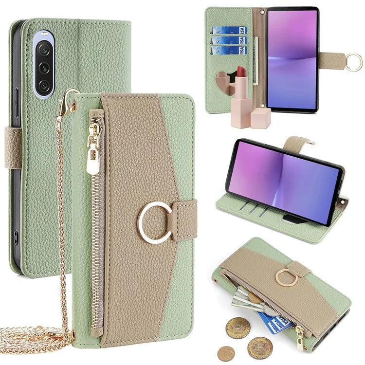 For Sony Xperia 10 V Case Zipper Pocket Leather Cover with Makeup Mirror