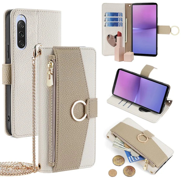For Sony Xperia 10 V Case Zipper Pocket Leather Cover with Makeup Mirror