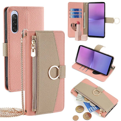 For Sony Xperia 10 V Case Zipper Pocket Leather Cover with Makeup Mirror