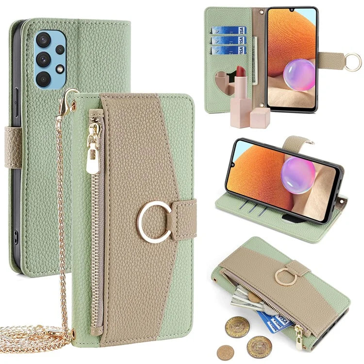 For Samsung Galaxy A32 4G (EU Version) Case PU Leather Wallet Cover with Crossbody Shoulder Strap