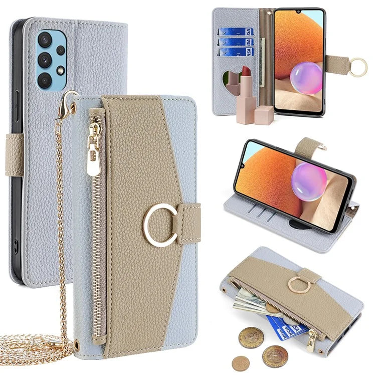 For Samsung Galaxy A32 4G (EU Version) Case PU Leather Wallet Cover with Crossbody Shoulder Strap