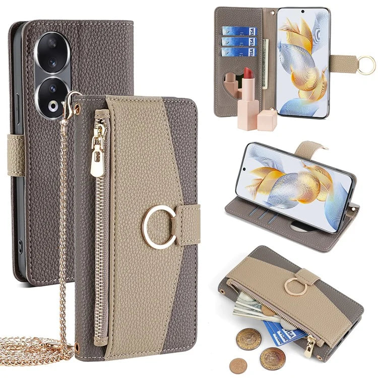 For Honor 90 Case Wallet Stand PU Leather Litchi Texture Cell Phone Protector