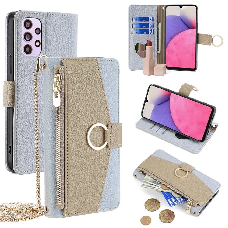 For Samsung Galaxy A33 5G Cell Phone Case Wallet PU Leather Cover with Chain Shoulder Strap