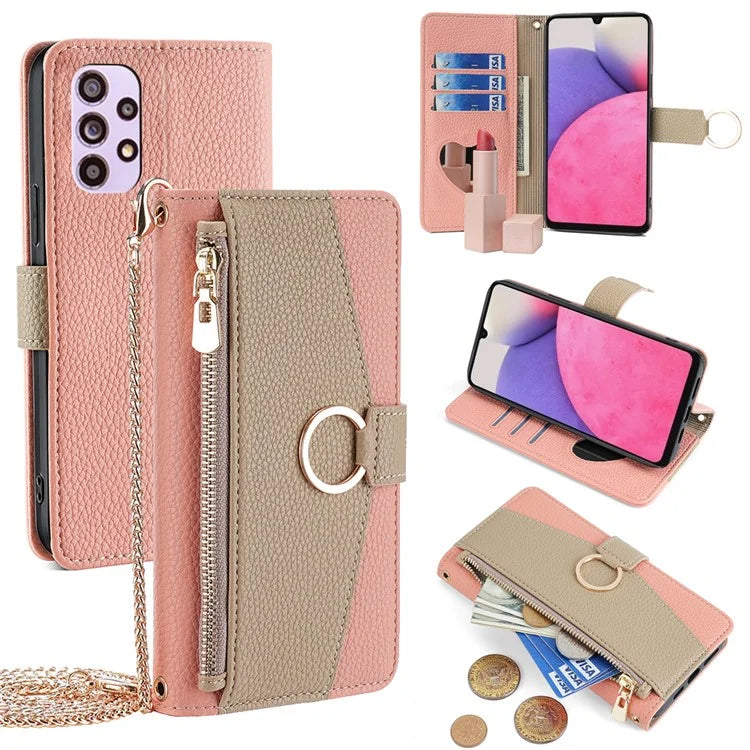 For Samsung Galaxy A33 5G Cell Phone Case Wallet PU Leather Cover with Chain Shoulder Strap