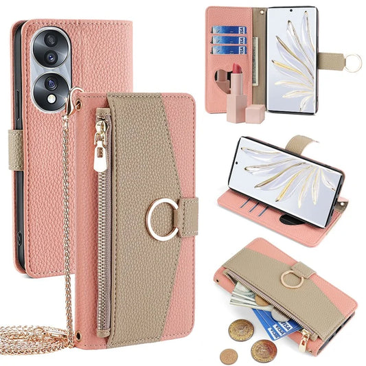For Honor 70 5G Case PU Leather Zipper Pocket Stand Cover with Shoulder Strap