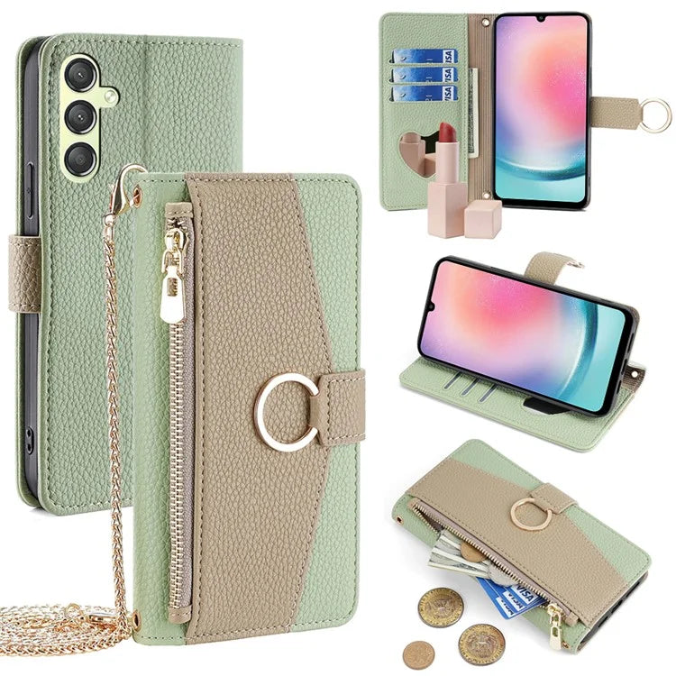 For Samsung Galaxy A24 4G (162.1 x 77.6 x 8.3mm) Phone Case Crossbody Leather Cover with Wallet Stand