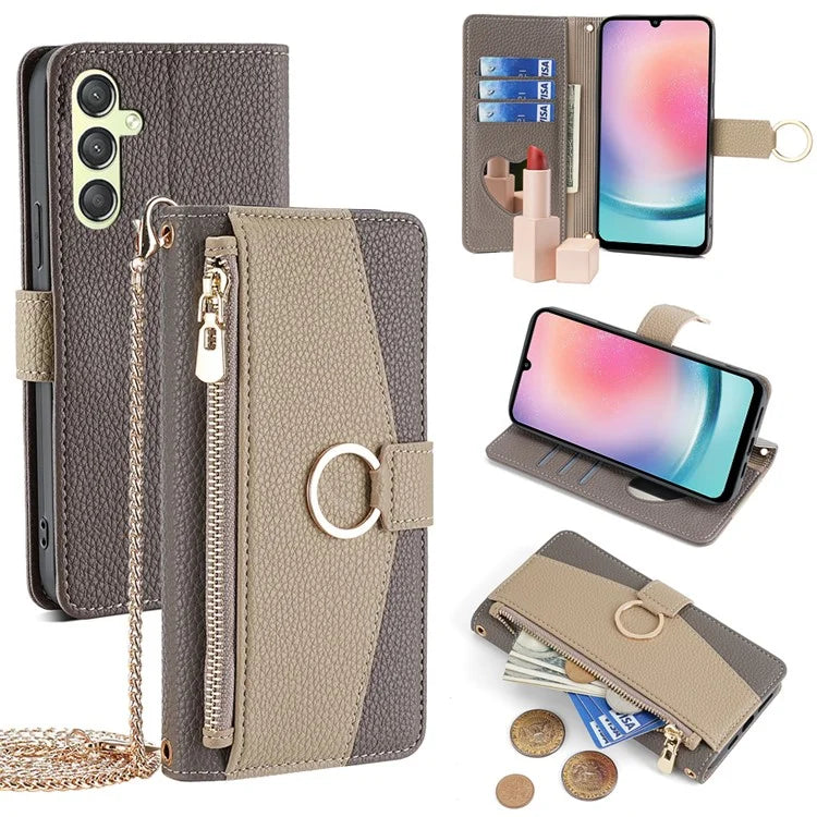 For Samsung Galaxy A24 4G (162.1 x 77.6 x 8.3mm) Phone Case Crossbody Leather Cover with Wallet Stand