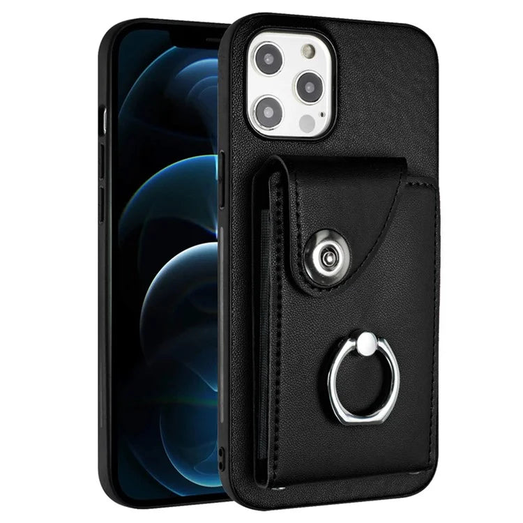 YB Leather Coating Series-7 for iPhone 12 / 12 Pro Case Ring Kickstand Cover with Multiple Card Holder