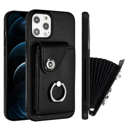 YB Leather Coating Series-7 for iPhone 12 / 12 Pro Case Ring Kickstand Cover with Multiple Card Holder